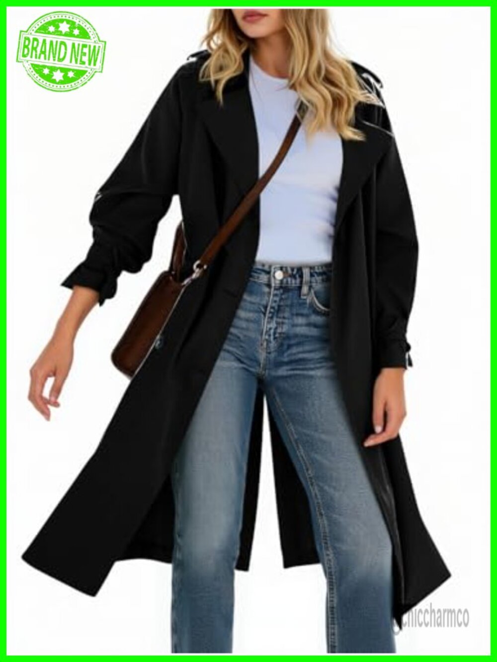 Tankaneo Women's Long Trench Coat Double Breasted Notch Lapel Belted Overcoat